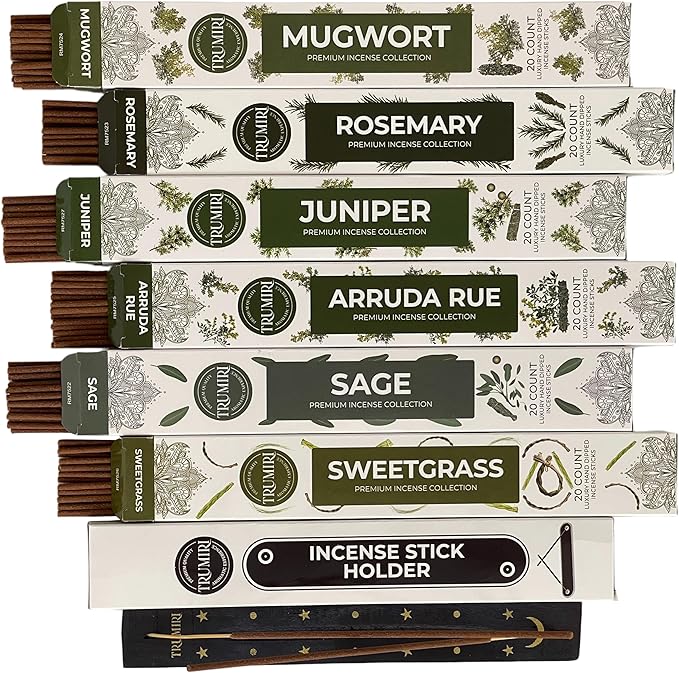 Trumiri Incense Sticks for Smudge Kit - Total 120 Insence-Sticks (20 Insense x 6 Incents) - Inciensos Aromaticos para Malas Energias Inscents-Sticks with Sage Sweetgrass for Smudging + Incense Holder - Bloomnest