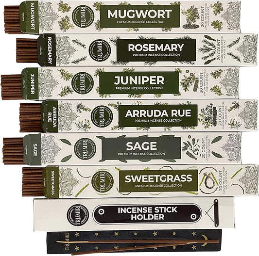 Trumiri Incense Sticks for Smudge Kit - Total 120 Insence-Sticks (20 Insense x 6 Incents) - Inciensos Aromaticos para Malas Energias Inscents-Sticks with Sage Sweetgrass for Smudging + Incense Holder - Bloomnest