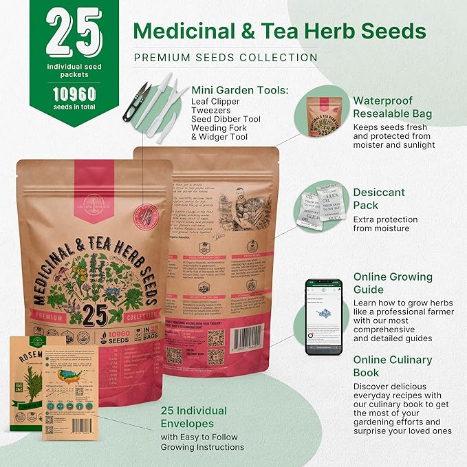 Organo Republic 25 Medicinal & Tea Herb Seeds Variety Pack for Indoor & Outdoors. 10900+ Non-GMO Heirloom Garden Seeds: Anise, Borage, Cilantro, Chamomile, Dandelion, Rosemary, Peppermint Seeds - Bloomnest