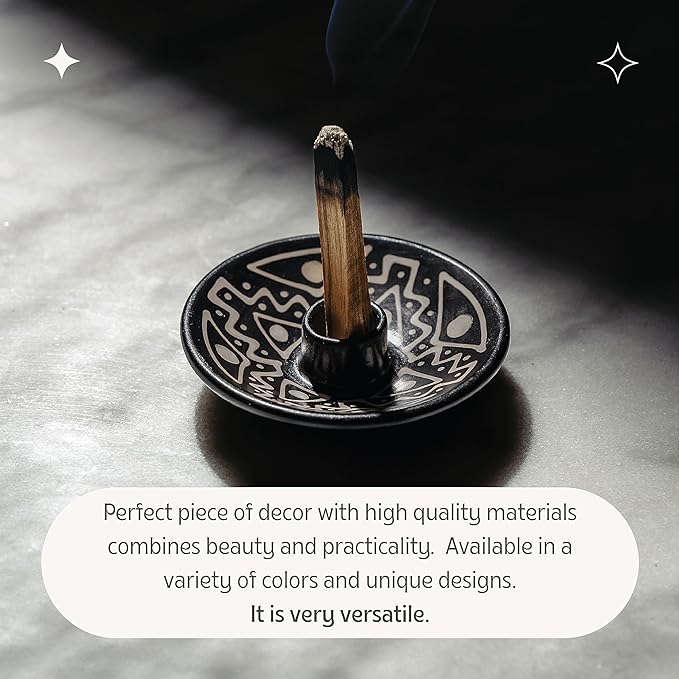 Palo Santo Holder with 5 Sticks - Luna Sundara Handmade Ceramic Incense Burner - Black & White Chulucanas Pottery from Peru - Smudge Bowl for Sage - Aromatherapy Gift Set LunaSundara
