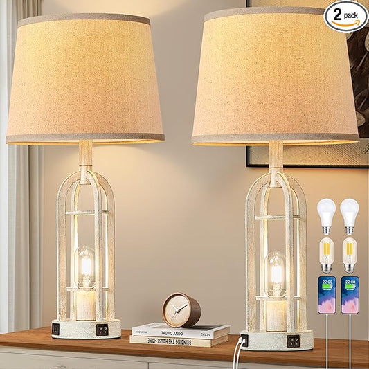 Farmhouse Table Lamps for Living Room Set of 2 - Rustic Industrial Bedside Lamps for Bedroom Nightstand with Nightlight and USB A+C, 4 Bulbs Included - Bloomnest