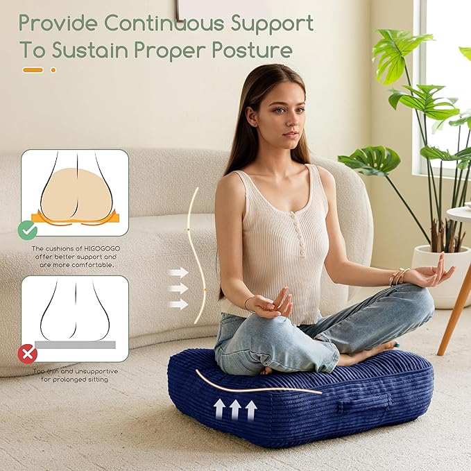 6" Washable Floor Pillow Cushion for Adults, Meditation Cushion Pillow, Large Square Floor Sitting, Removable Tufted Corduroy Cover, for Tatami Living Room or Yoga, 22x22 Inch, Machine Washable - Bloomnest