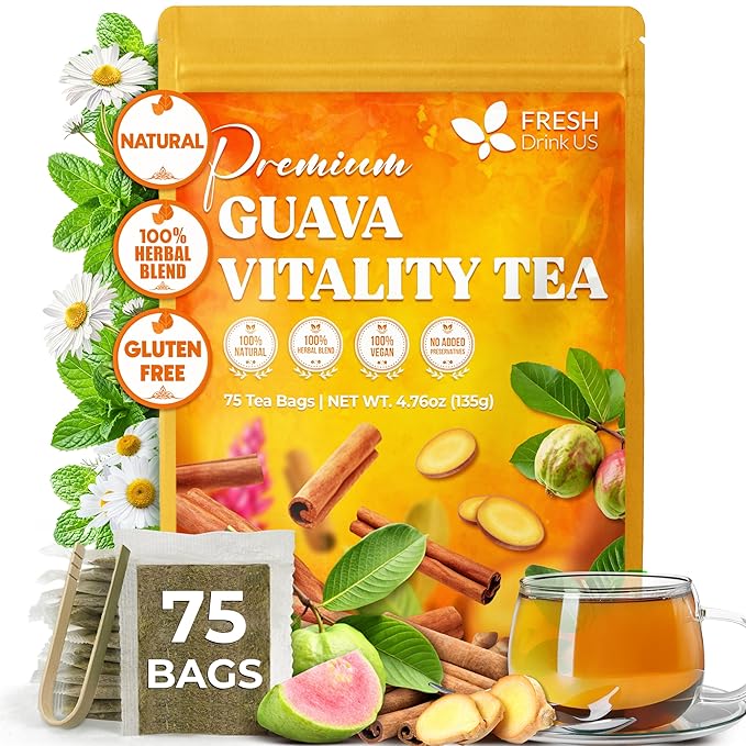 FreshDrinkUS, Premium Guava Vitality Tea | 75 Tea Bags | Guava Leaves, Cinnamon Stick & Ginger Herbal Tea – Caffeine Free Botanical Infusion – Warm & Aromatic Daily Tea – 100% Natural Ingredients - Bloomnest
