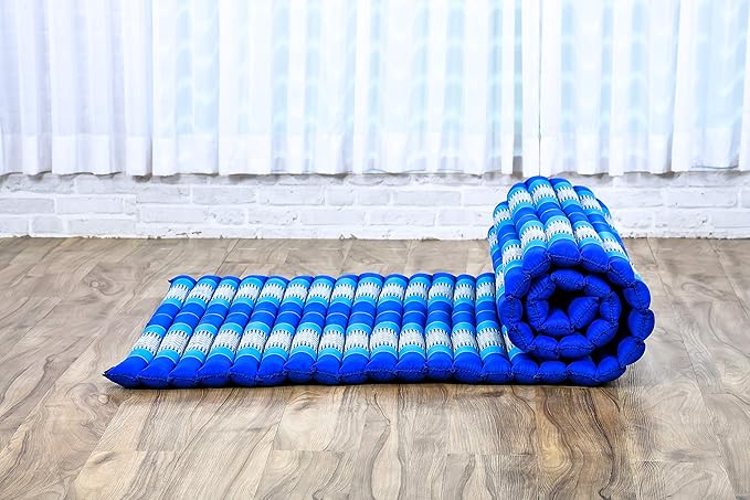 Leewadee - Kapok Roll Mat – Handcrafted Folding Sleep & Relaxation Mattress from Thailand, Ideal as Guest Bed, Camping Mat, Yoga Mat or Traditional Futon, 75 x 39 inches, Blue - Bloomnest