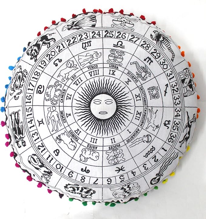CRAFT KALA 22" Bohemian Floor Pillow Pouf Cover Mandala Boho Large Round Meditation Room Pillow Covers for Adults Seating Poufs Cushion Cover for Kids Playroom Black Zodiac - Bloomnest