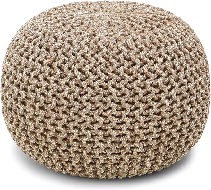 REDEARTH Round Pouf Ottoman - Hand Knitted Cable Boho Poof Home Décor Pouffe Circular Footrest for Living Room - Nursery - Bedroom - Lounge 100% Cotton (18”x18”x14”) - Beige Ivory - Bloomnest