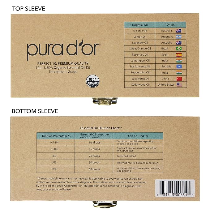 PURA D'OR Organic Perfect10 Essential Oils Set - 10x 10mL Wood Box Aromatherapy Gift Set - 100% Pure Therapeutic Grade for Relaxation and Wellness (Lavender, Peppermint, Eucalyptus, Tea Tree & More) - Bloomnest