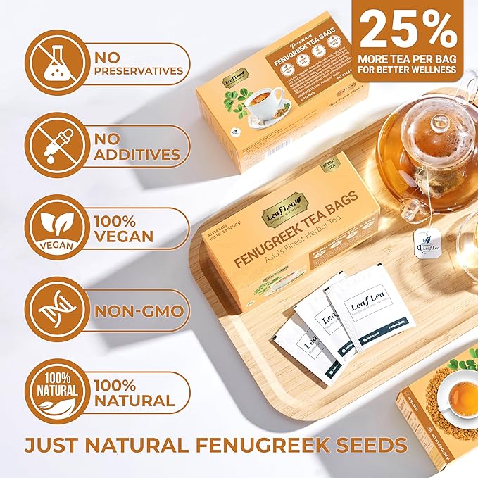 LeafLea 80 Premium Fenugreek Tea Bags, Natural Fenugreek Seed for Toasty Flavor & Sweet Aroma, Fenogreco Tea with Gentle Warmth, Caffeine-Free, Sugar-Free, Vegan, Individually Wrapped for Freshness - Bloomnest