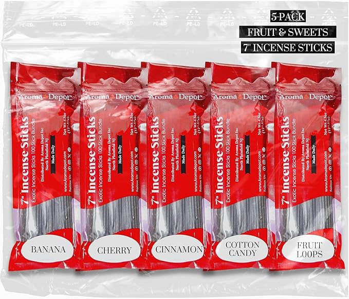 Fruit & Sweets 7'' Incense Sticks - Variety Set 500 Pack - 7 inch - 5 Bundles 100 Sticks Per Fragrance Scent. Set Features Banana, Cherry, Cinnamon, Cotton Candy, Fruit Rings Type AromaDepotInc