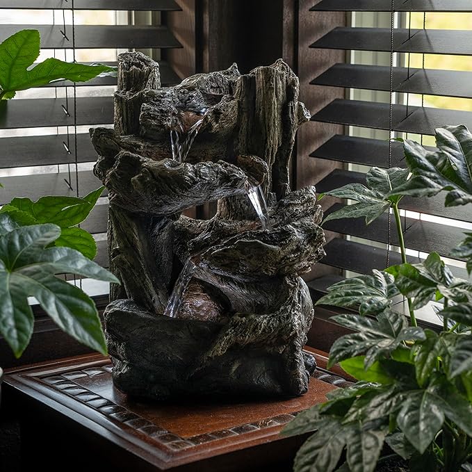 Alpine Corporation | 14"H Indoor Tiered Log Tabletop Fountain with LED Lights — Cascading Waterfall Design Creates Relaxing Ambiance for Home & Office Décor - Bloomnest