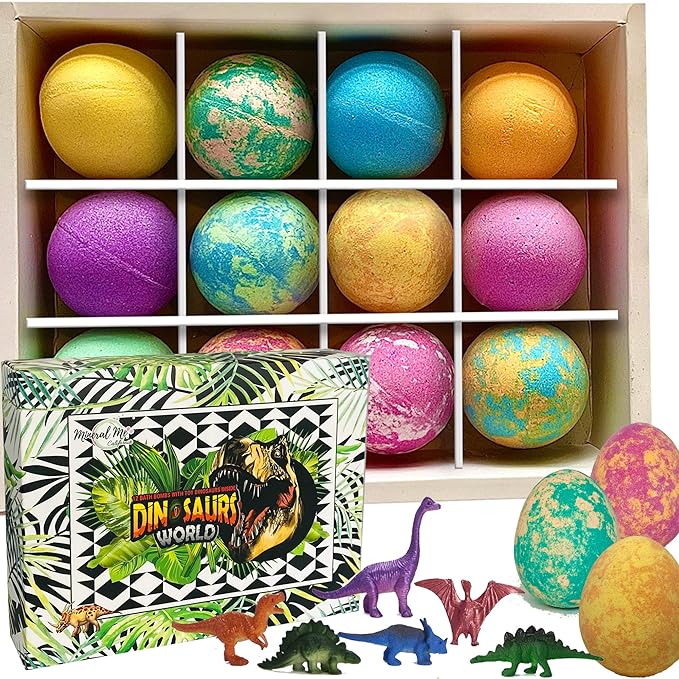 Bath Bombs for Kids with Surprise Inside - 12 Dinosaur Bath Bombs with Toys, Organic Colorful Bubble Bath Fizzies, Dino Egg Bath Bomb w/Rich Bubbles, Stocking Stuffers Christmas Gifts for Kids, Boys - Bloomnest