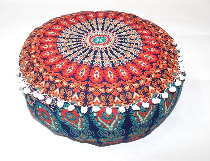 INDIAN CRAFT CASTLE ICC Mandala Barmeri Large Floor Pillow Cover Cushion Meditation Seating Ottoman Throw Cover Hippie Decorative Zipped Bohemian Pouf Ottoman Cases Multi Orange 16" Round - Bloomnest