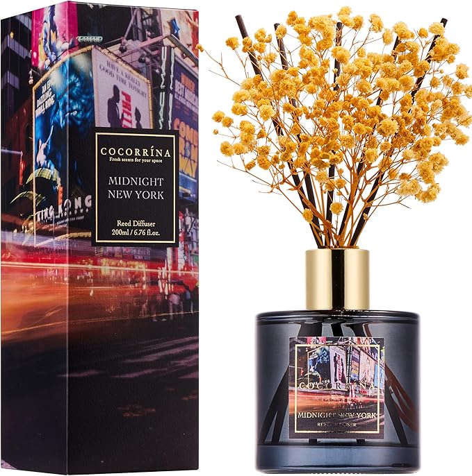 COCORRÍNA Reed Diffuser - Midnight New York 6.7 Fl.oz Reed Diffuser Set with 8 Sticks & Preserved Baby's Breath, Reed Diffuser for Home Bathroom Shelf Decor - Bloomnest
