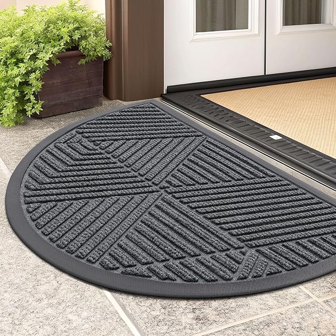 Smiry Half Circle Front Door Mat Outside Entrance, Heavy Duty Sturdy Natural Rubber Doormat, Trap Dirt and Moisture, Low Profile Mats for Indoor Outdoor Entry, Irregular Triangle (29.5x17, Grey) - Bloomnest