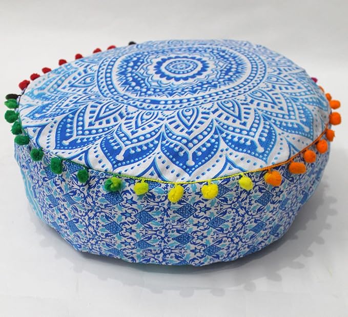 INDIAN CRAFT CASTLE ICC Mandala Barmeri Large Floor Pillow Cover Cushion Meditation Seating Ottoman Throw Cover Hippie Decorative Zipped Bohemian Pouf Ottoman Cases Blue Ombre 16" Round - Bloomnest