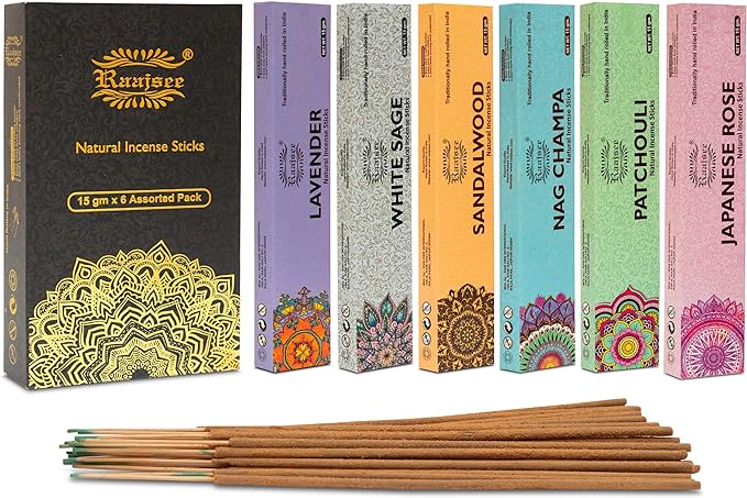 Raajsee Natural Incense Sticks,6 Pack Mixed Scents Gift Pack 15 gm Each (90 gm Total), Insense Sticks Variety Pack, 100% Organic Non Toxic Natural - Hand Rolled Free from Chemicals RAAJSEE