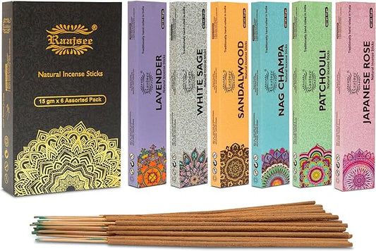 Raajsee Natural Incense Sticks,6 Pack Mixed Scents Gift Pack 15 gm Each (90 gm Total), Insense Sticks Variety Pack, 100% Organic Non Toxic Natural - Hand Rolled Free from Chemicals RAAJSEE