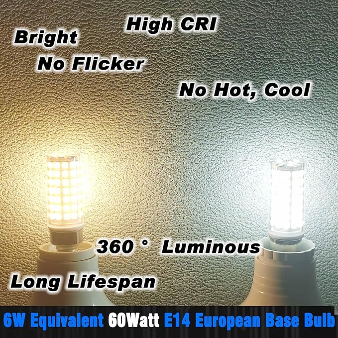 E14 6W European Base LED Turkish Lamp Bulb Equivalent 60W Daylight White 6000K 700lm AC120V E14 C7 T6 LED Bulbs for Persian Moroccan Lamp Chandeliers Ceiling Fan Bulb Under Cabinet Lights, 3 Pack - Bloomnest