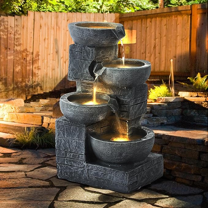 Outdoor Water Fountains with Cascading Bowls, 4-Tiers Fountains and Waterfalls w/LED Lights,Indoor Morden Floor Standing Resin Water Feature for Garden Patio Backyard Home Decor (Light Grey) - Bloomnest