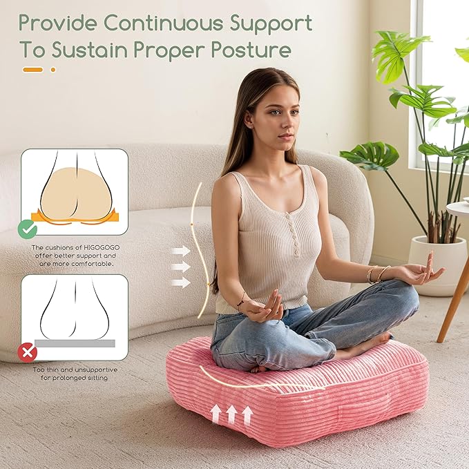 6" Washable Floor Pillow Cushion for Adults, Meditation Cushion Pillow, Large Square Floor Sitting, Removable Tufted Corduroy Cover, for Tatami Living Room or Yoga, 22x22 Inch, 2Pack, Machine Washable - Bloomnest