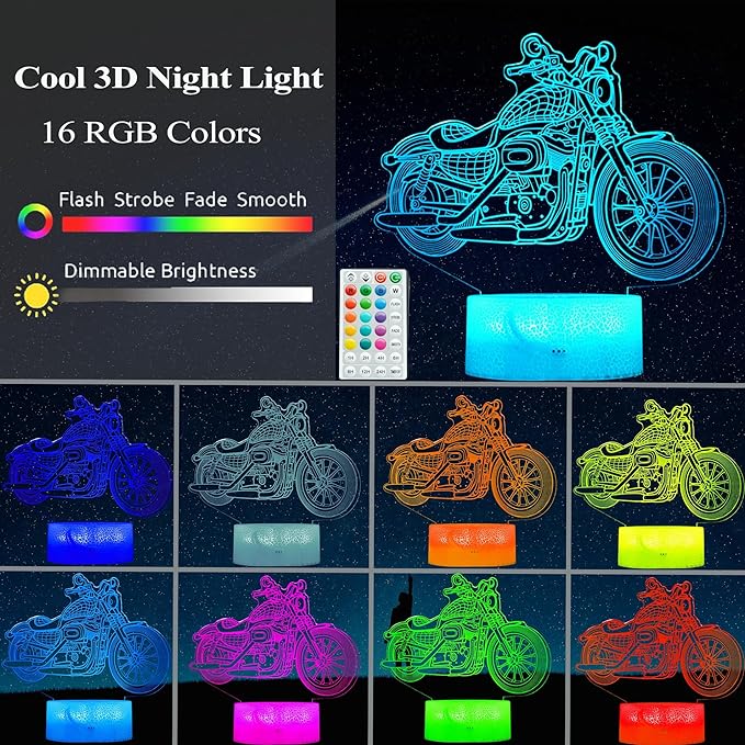 Motorcycle Gifts, Motorcycle Night Light, Motorbike 3D Illusion Lamp, 16 Colors Changing, Timer, 4 Flash Modes and Dimmable，LED, Kids Room Decoration, Xmas Birthday Gifts - Bloomnest