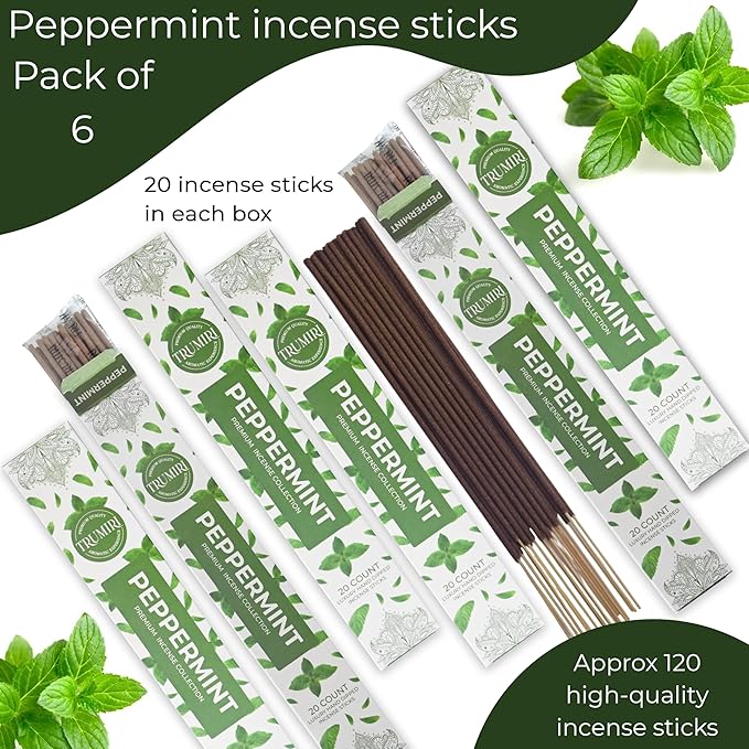 Peppermint Incense Sticks - Total 120 Insence-Sticks - 6 Packs of 20 Insense - Inciensos - Inscents - Natural Non Toxic Ingredients - Incents - Incence - Inscense - Insents TRUMIRI