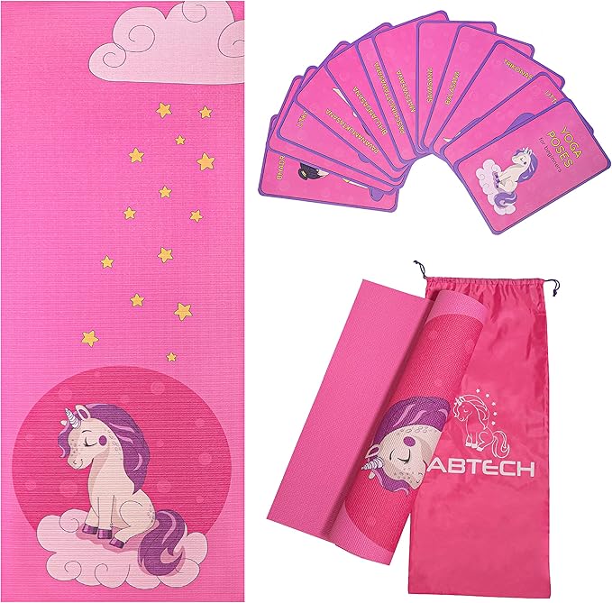 Kids Yoga Mat Set for Boys & Girls - Doll, Unicorn, Mermaid, Panda, Dinosaur and UnderWater - Chemical Free - Non-Toxic - Non-Slip - 60 X 24 X 0.2 Inches - w/ 12 Yoga Cards - Cute Carrier Bag - Ages 3-12 - Bloomnest