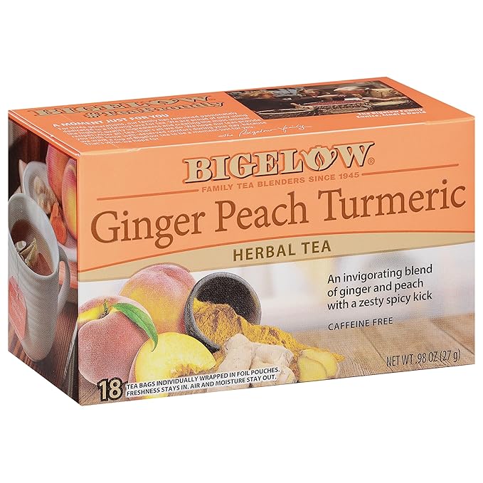 Bigelow Tea Ginger Peach Turmeric Herbal Tea, Caffeine Free Tea with Ginger and Peach, 18 Count Box (Pack of 6), 108 Total Tea Bags - Bloomnest