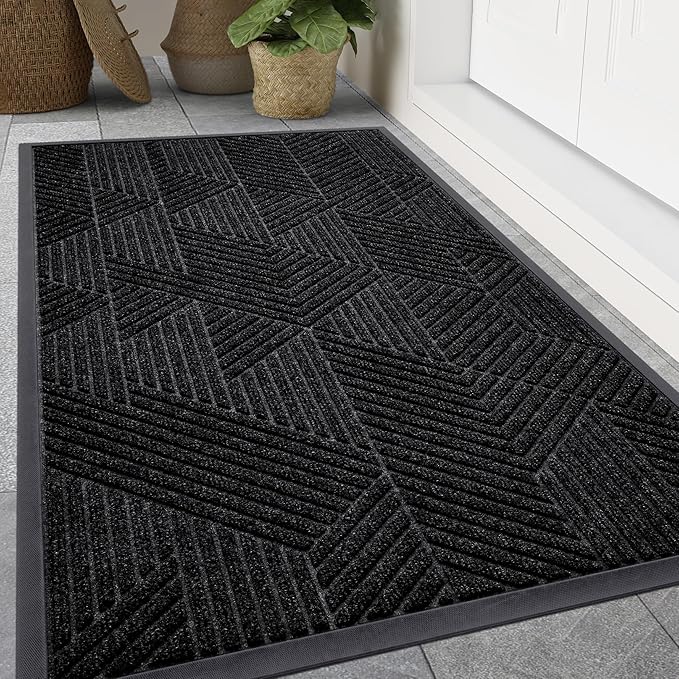 Smiry Front Door Mat Outside Entrance, Heavy Duty Sturdy Natural Rubber Doormat, Trap Dirt and Moisture, Easy Clean Low Profile Mats for Indoor Outdoor Entry, Irregular Triangle (47x17, Black) - Bloomnest