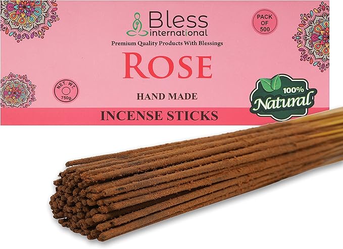 Bless-Rose 100%-Natural-Handmade-Hand-Dipped Organic-Chemicals-Charcoal-Free Purification-Relaxation-Positivity-Yoga-Meditation Best-Woods-Scent (500 Sticks (26 OZ)) BlessInternational