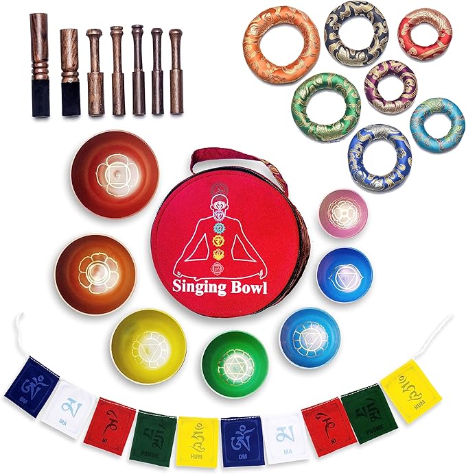 Khusi Tibetan Singing Bowl Set of 7, Handmade, 7 Colors, Chakra Healing, Relaxation, Stress Relief, Comes with Silk Cushions, 4 Sticks and Brocade Box Khusi+Inc