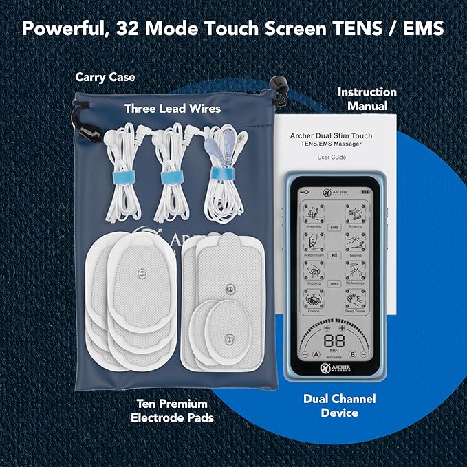 Dual Stim Touch TENS/EMS Unit – Rechargeable Touchscreen Muscle Stimulator with Dual Output Ports and 32 Massage & Stimulation Modes – Durable, Portable, Professional Quality Device