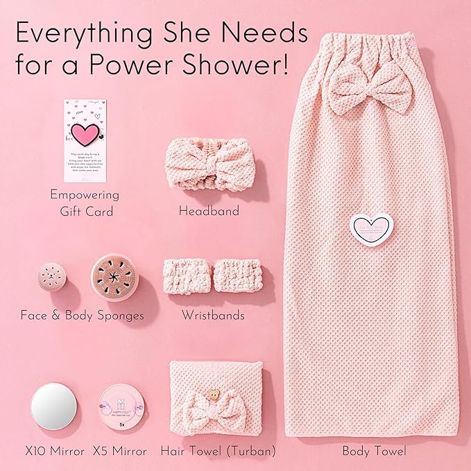 Happy Lolli Power Shower Gift Set – College Essential Bath Accessories for Women and Teen Girls – Includes Body Towel, Hair Towel, Wrist Bands, Headband, Face Sponge and More (Fresh in Pink)
