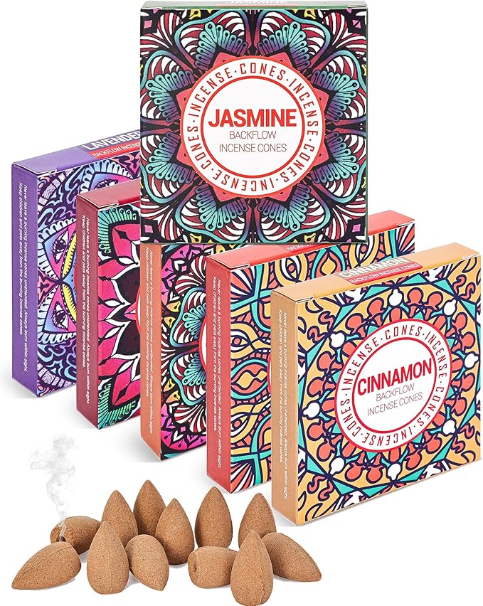 Backflow Incense Cones - Set of 6 Natural Scents - Sandalwood, Lavender, Jasmine, Cinnamon, Rose, Dragons Blood for Purification, Relaxation, Yoga, Meditation Pavocristatus