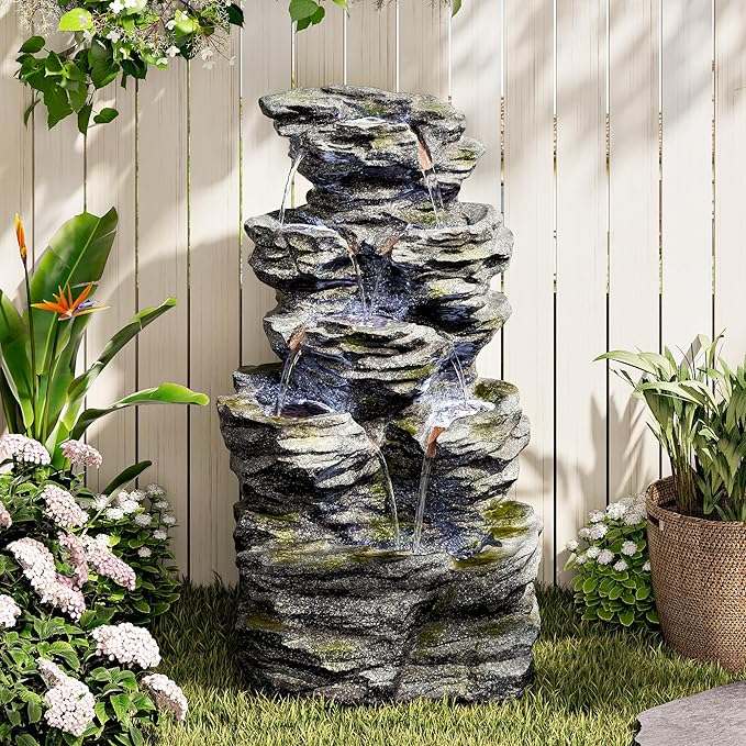 34.3" H Outdoor Water Fountain with LED Lights, 5-Tier Cascading Rock Waterfall for Yard, Garden, Patio, Outdoor Decor Water Features - Bloomnest