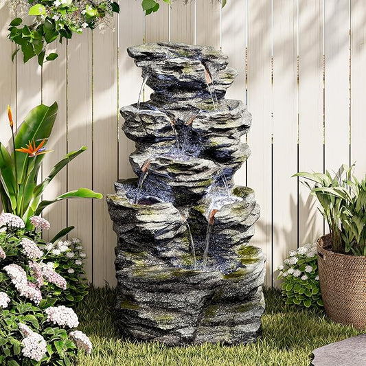 34.3" H Outdoor Water Fountain with LED Lights, 5-Tier Cascading Rock Waterfall for Yard, Garden, Patio, Outdoor Decor Water Features - Bloomnest