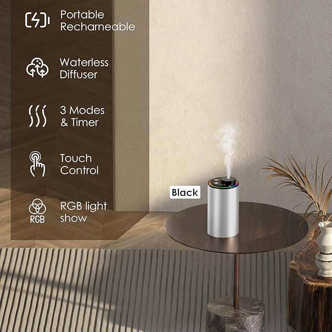 Waterless Essential Oil Diffuser, Portable Aromatherapy Diffuser,3 Countdown Timers & 3 Mist Levels for Home, Room, Car, Office - Bloomnest