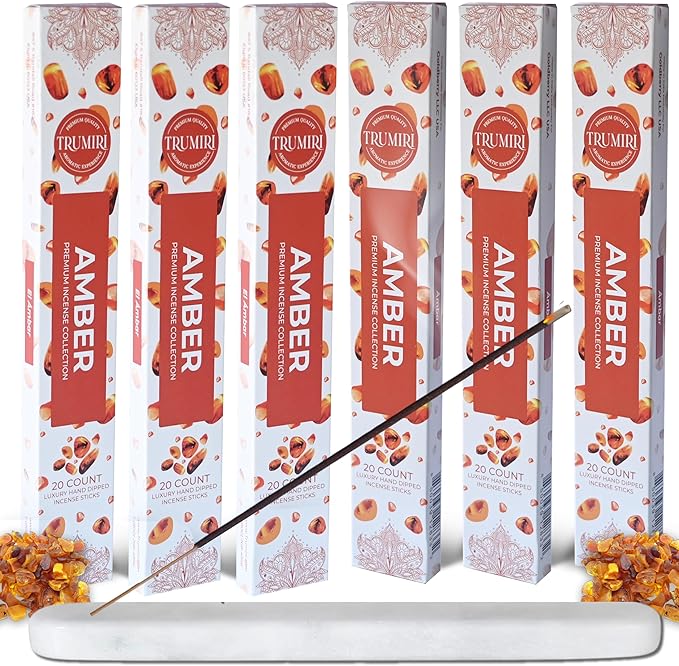 Amber Incense Sticks - Total 120 Insence-Sticks - 6 Packs of 20 Insense - Inciensos - Inscents - Natural Non Toxic Ingredients - Incents - Incence - Inscense - Insents TRUMIRI