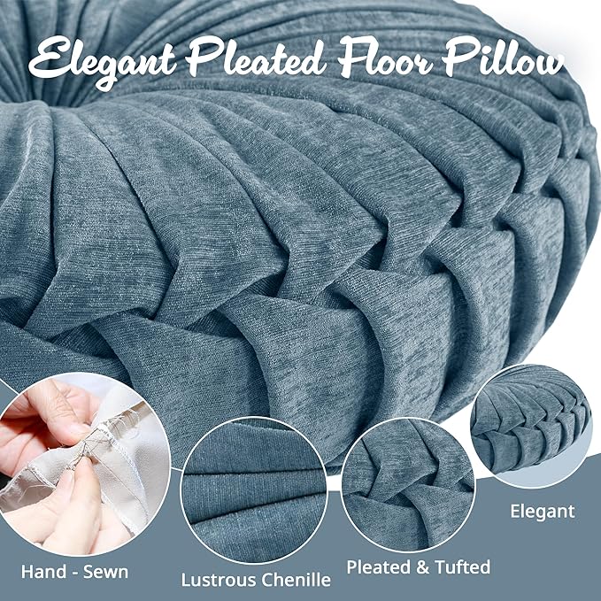 Intelligent Design Loretta Round Chenille Tufted Floor Pillow with Elegant Pleated Design, Large Boho & Vintage Decorative Throw Pillow for Sofa, Bed, or Chair, 22" x 6", Aqua
