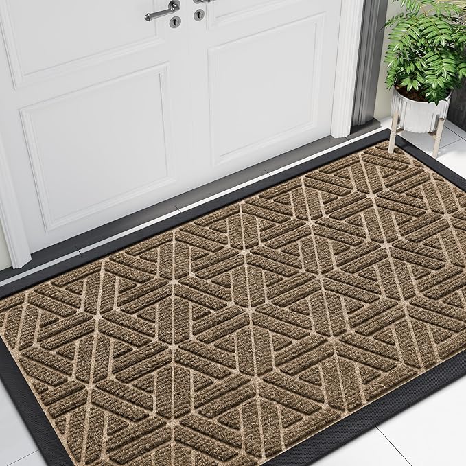 Smiry Front Door Mat Outside Entrance, Heavy Duty Sturdy Natural Rubber Doormat, Trap Dirt and Moisture, Easy Clean Low Profile Mats for Indoor Outdoor Entry, Grid Geometric (47x24, Brown) - Bloomnest