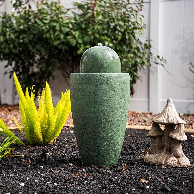 XBrand 25.98" H Round Stone Indoor/Outdoor Modern Stone Textured Sphere Water Fountain w/LED Lights, Green - Bloomnest