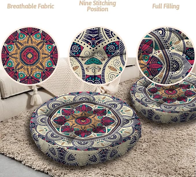 Mandala Meditation Cushion, Boho Meditation Mat, Meditation Pillows for Sitting on Floor, Cushions for Sitting in Home and Outdoor, Round Floor Pillows Cushion Seating for Yoga 22'' X 22'' - Bloomnest