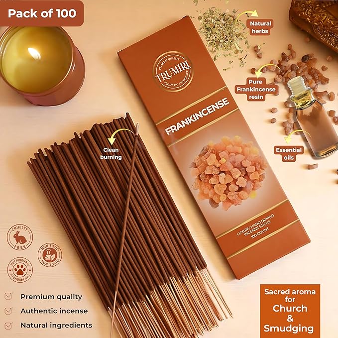Frankincense Incense Sticks - Pack of 100 Insence-Sticks for Catholic Christian Church - Made with Natural Non Toxic Incienso - Scented Insense Spiritual Agarbatti Incents TRUMIRI