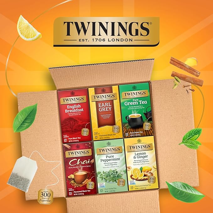 Twinings Variety Pack Tea Bags, 25 Count (Pack of 6) Includes English Breakfast, Earl Grey, Lemon Ginger, Peppermint, Green, and Chai, Enjoy Hot or Iced, 150 Teabags - Bloomnest