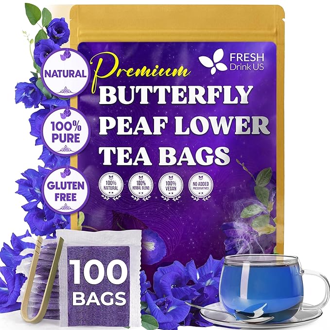 FreshDrinkUS, 100 Premium Butterfly Pea Flower Tea Bags – 100% Pure & Natural | Caffeine-Free Herbal Blue Tea | No Additives, Non-GMO, Made With Natural Material Tea Bag, No Sugar, No Caffeine, No Gluten, Vegan - Bloomnest