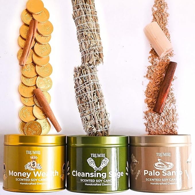 Cleansing Sage, Palo Santo, Money Wealth - Soy Candles Non Toxic - Highly Scented Long Lasting with Essential Oils - Variety Pack of 3 x 5oz - for Home Aromatherapy Meditation Gift Travel TRUMIRI