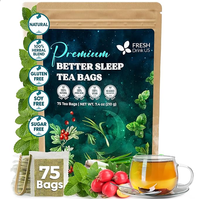 FreshDrinkUS, Premium 75 Tea Bags Better Sleep Herbal Tea | Special Herbal Sleep Tea, Caffeine-Free Loose Leaf Blend with Spearmint Leaves, Lemongrass Leaves, and Hawthorn Berry – Naturally Refreshing and Aromatic. - Bloomnest
