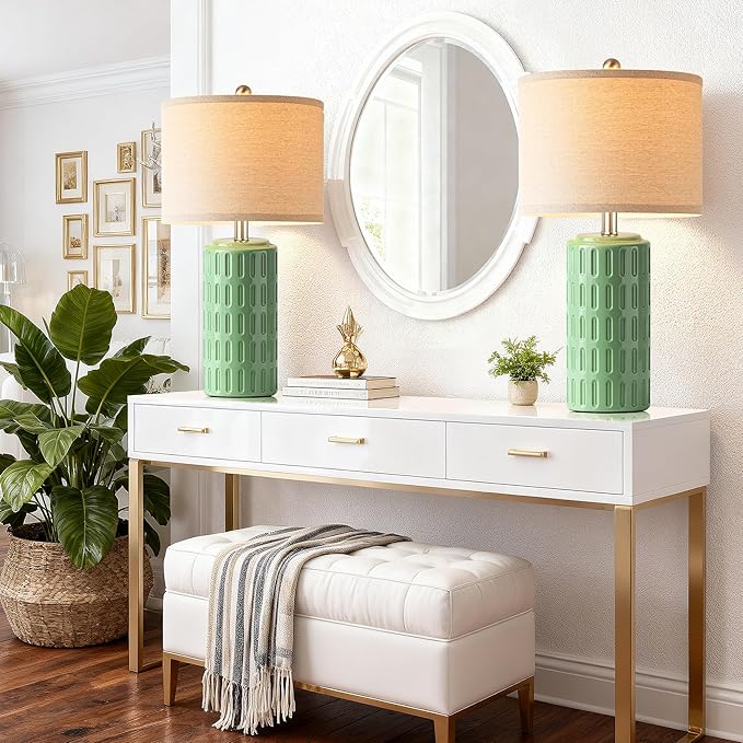 PARTPHONER 23" Farmhouse Modern Ceramic Table Lamp Set of 2 - Green Bedside Lamps for Bedroom & Living Room, Nightstand, Desk, End Table - Bloomnest