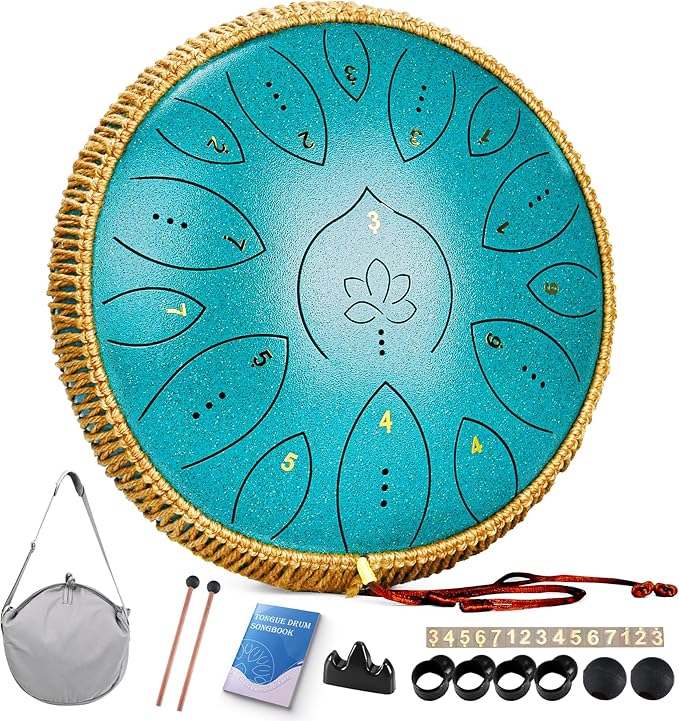 Steel Tongue Drum 13 Inches 15 Notes, Hand Pan Drums for Adults 440hz, C Major Handpan Musical Instrument with Song Book, Mallets and Carry Bag, Malachite Green - Bloomnest