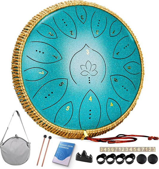 Steel Tongue Drum 13 Inches 15 Notes, Hand Pan Drums for Adults 440hz, C Major Handpan Musical Instrument with Song Book, Mallets and Carry Bag, Malachite Green - Bloomnest